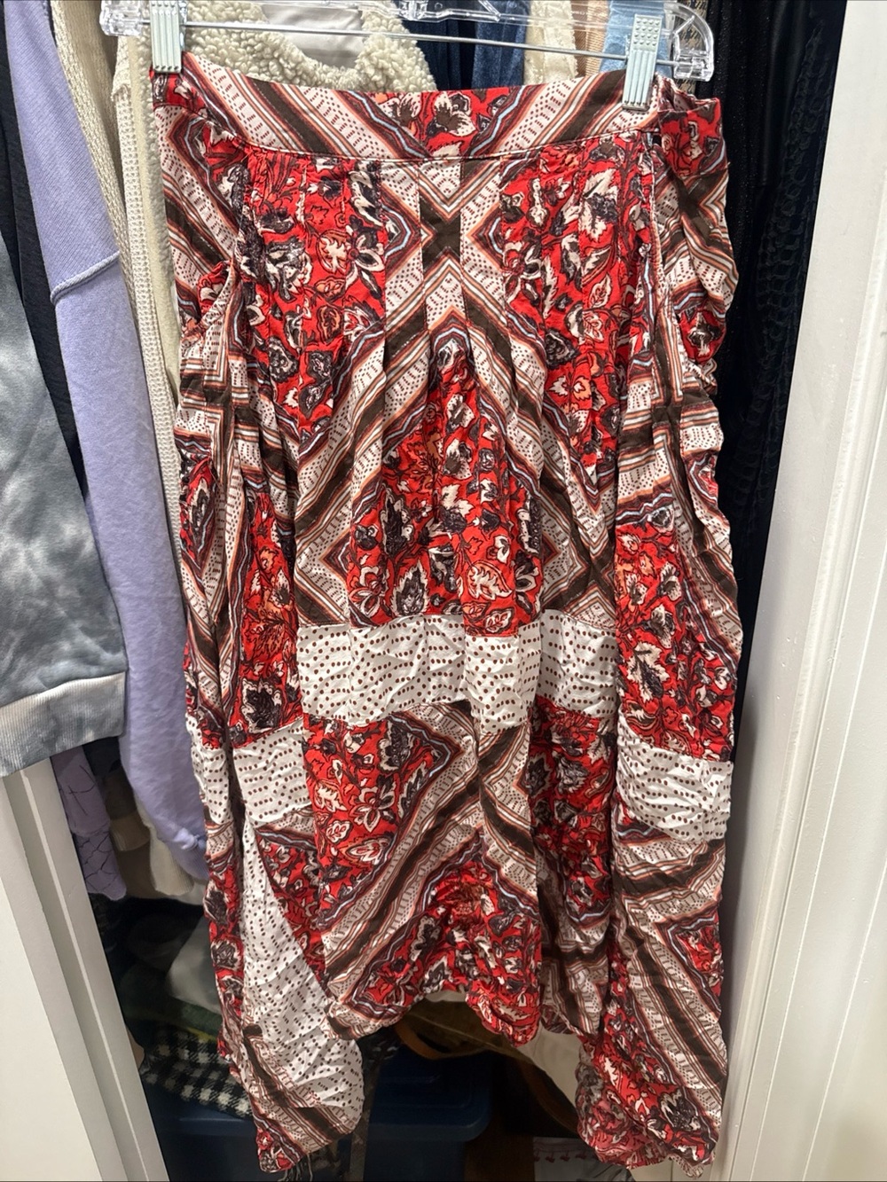 Free People Boho RedFloral Patchwork Midi Skirt